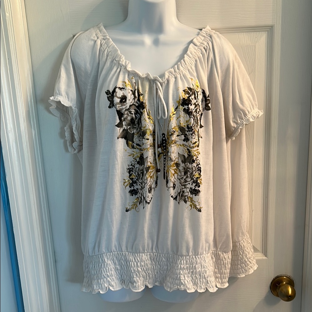 Lena White Ruffled Short Sleeve Blouse with Black Embroidery
